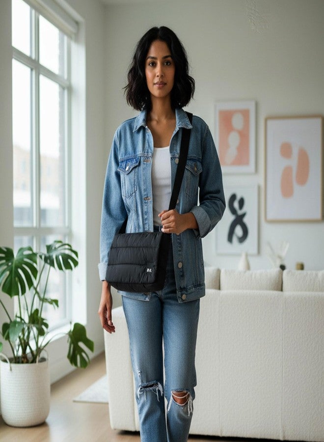 DailyObjects Black Wing Crossbody Bag for Men and Women|Adjustable Shoulder Strap|Lightweight|Black Recycled Nylon Sling Bag|Zippered Main Compartment & Slip Pockets| For Daily Use/Travel/work - Image 4